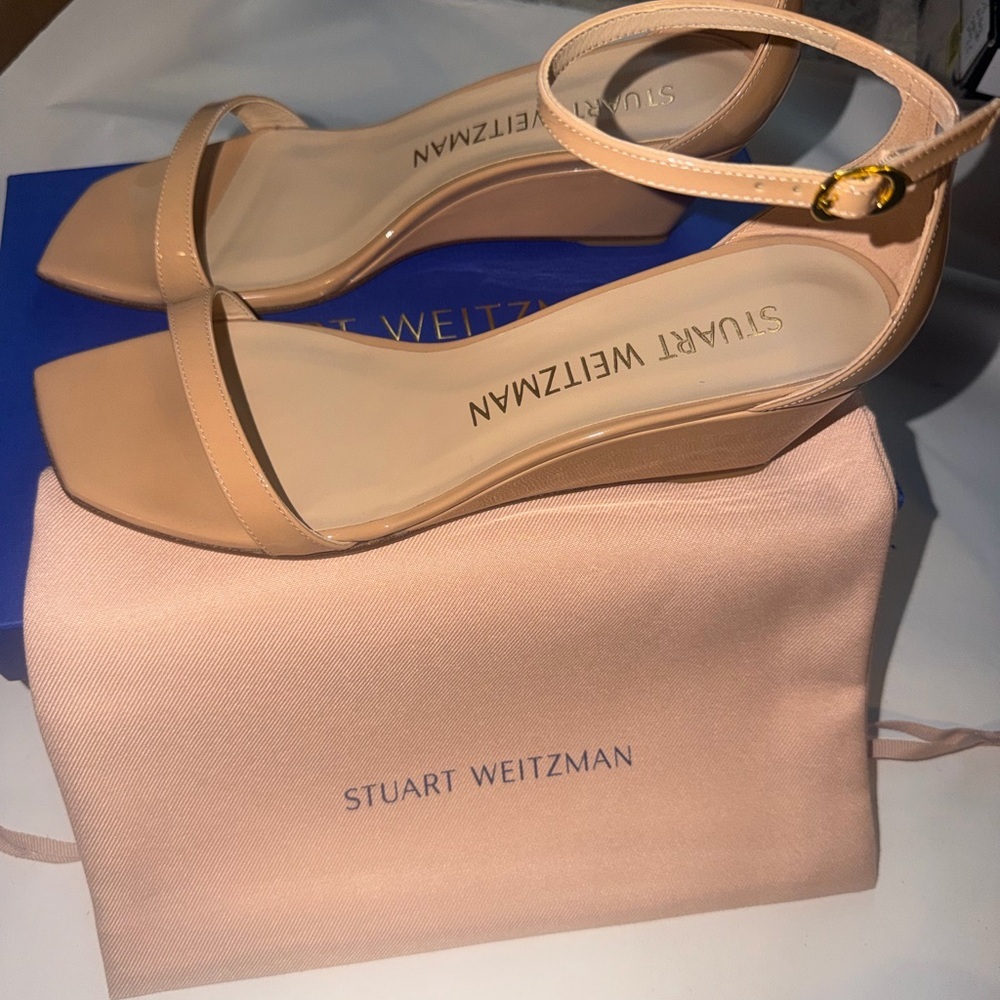 Stuart Weitzman Women’s Nudistcurve 50 Patent Ankle-Strap Wedge Sandal